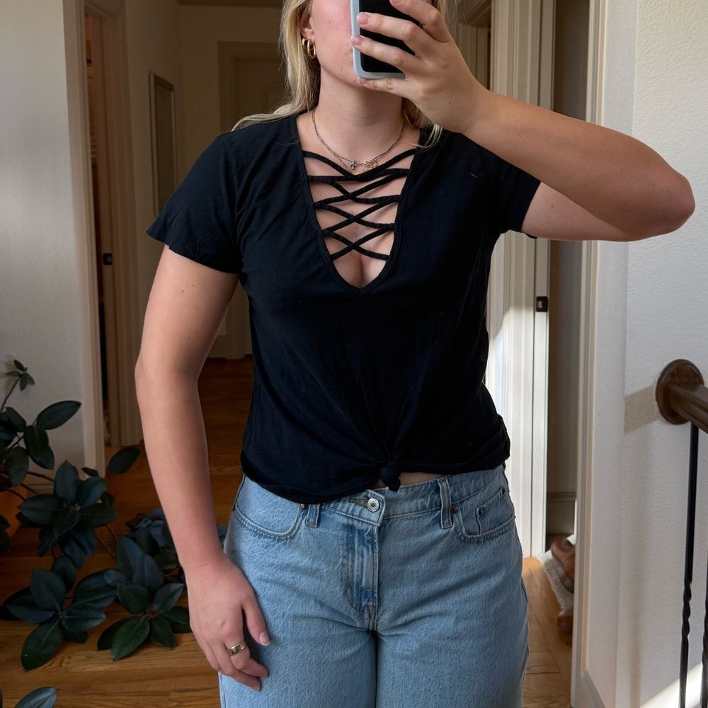 Black LNA top with criss-cross detailing